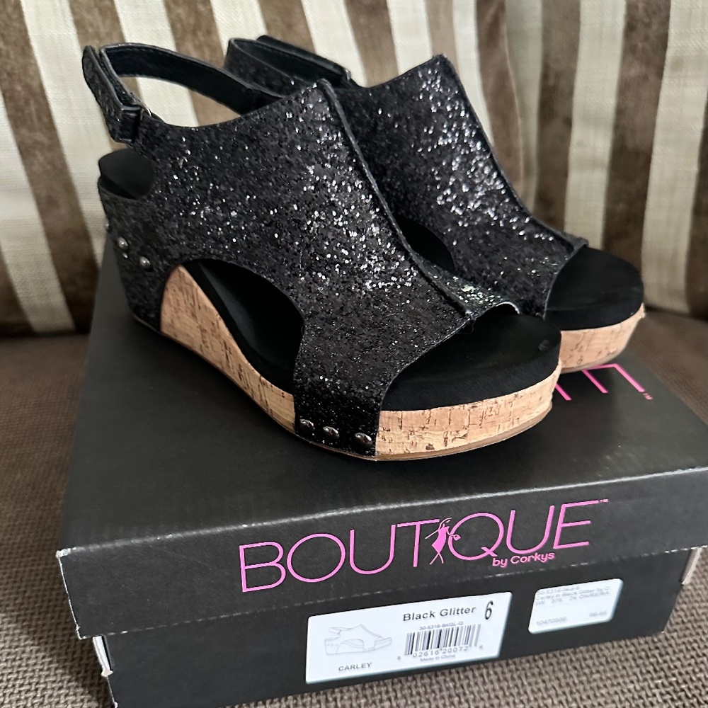Corky's Womens Carley Black Glitter Sandals Size 6